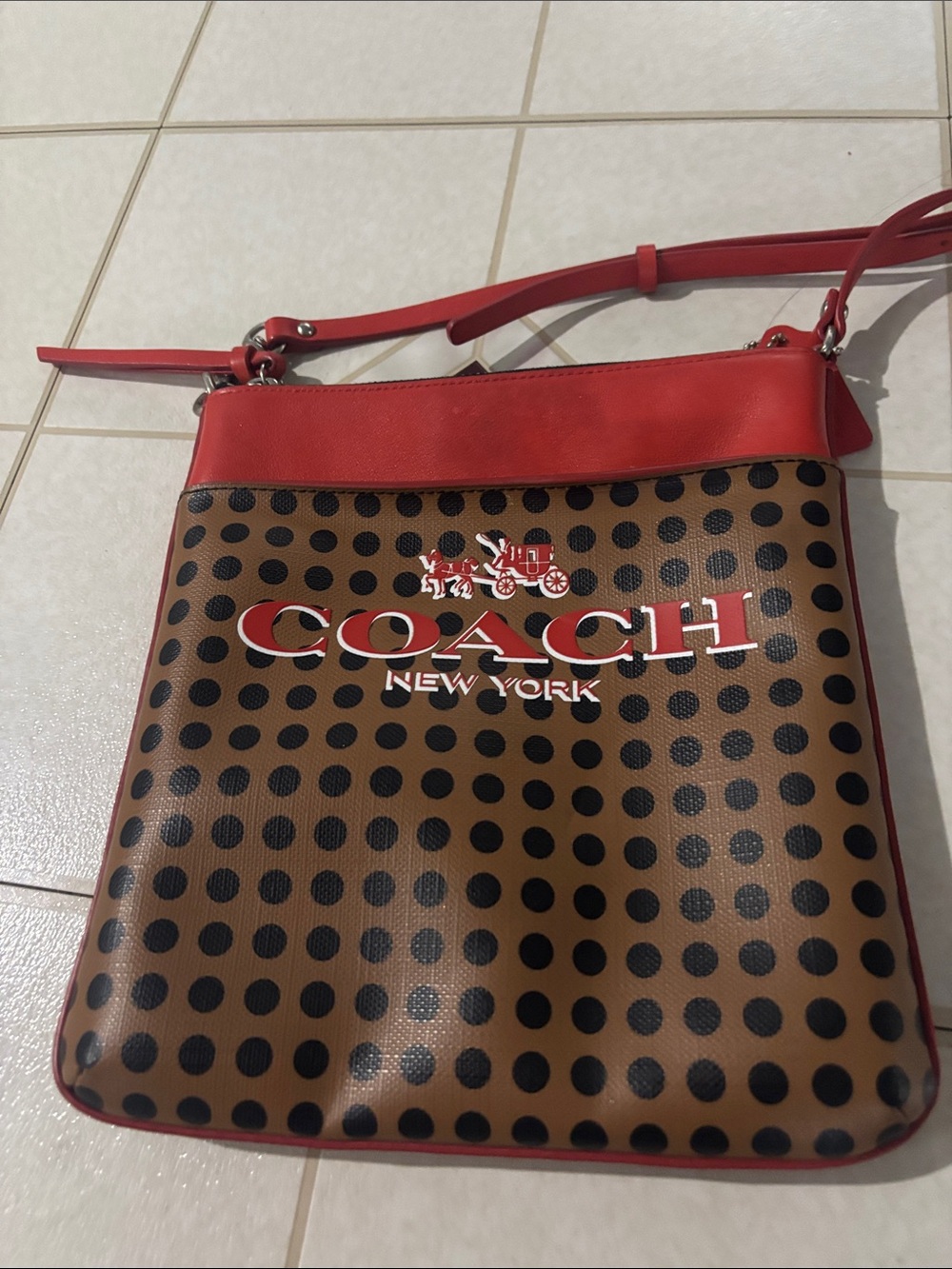 Coach Brown Polka Dot Crossbody with Red Trim